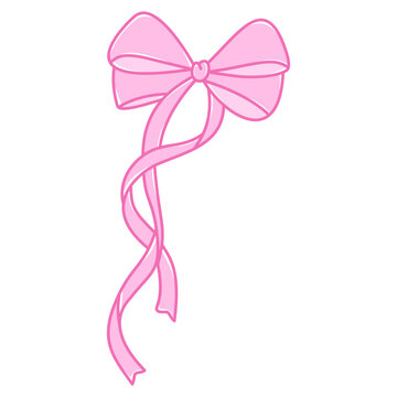 Cute Pink Ribbon Bow with Long Streamers Vector Illustration Hand Drawn Coquette Bow Clipart for Craft and Decor