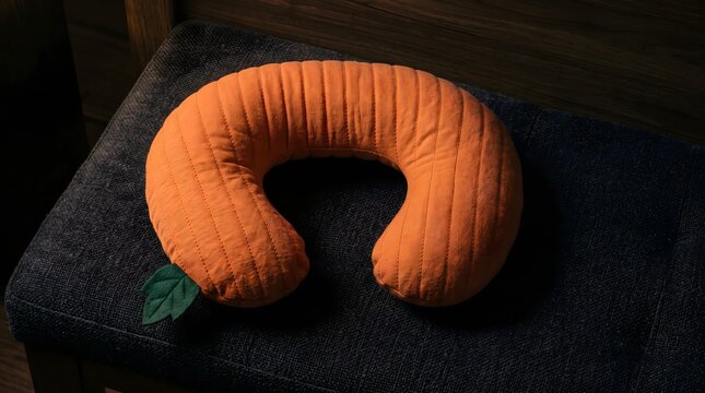 Orange pumpkin shaped travel neck pillow resting on dark cushioned chair for autumn holiday trip and ergonomic comfort mockup