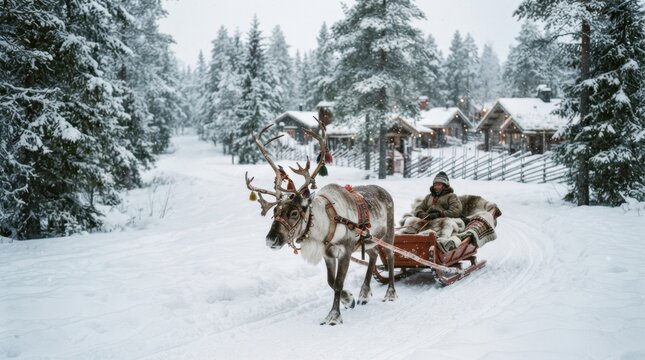 Winter Wonderland Journey: A reindeer-drawn sleigh navigates a snow-covered path through a serene forest village, a testament to the magic of winter travel and rural charm.