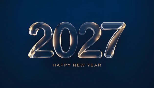 Happy new year 2027 clear glass number design on dark blue background with soft light.