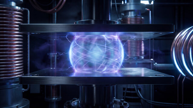 Plasma sphere glows with intense purple energy between metal plates inside a futuristic fusion reactor core.