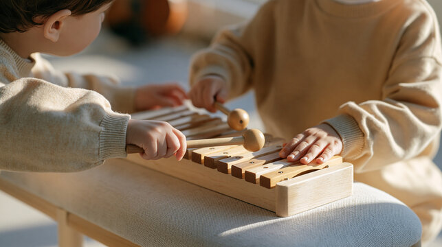 A violinist's child arranging a wooden xylophone with tuned bars on a music room bench, early music education, melodic learning toy, auditory development, pitch recognition,