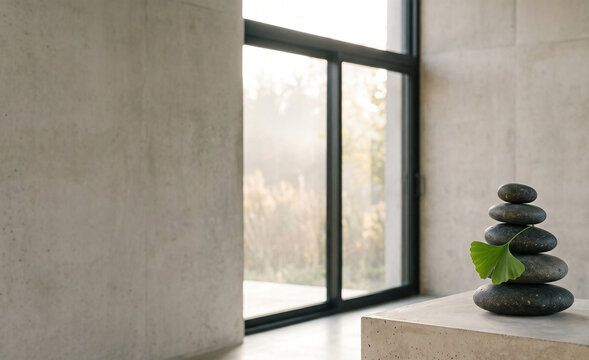 Minimalist concrete interior mockup featuring stacked zen stones, green leaf, and massive copy space.