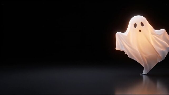 Cute cartoon halloween ghost with glowing effect flying and disappearing against a black background.