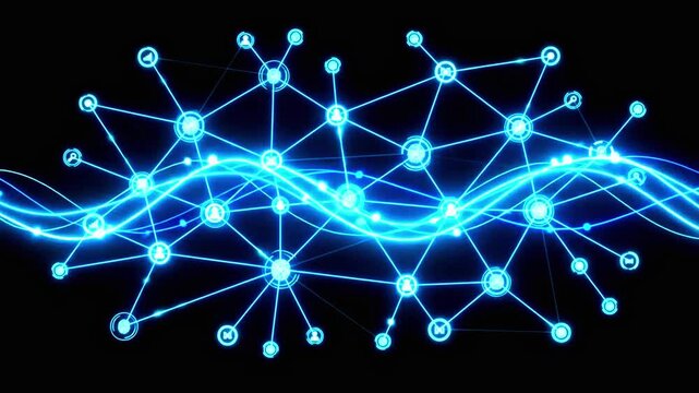 Abstract Blue Technology Network Background with Glowing Stars, Molecular Connections, Digital Communication, Science, Data, DNA and Futuristic Innovation Elements