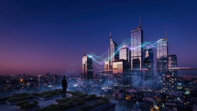 A businessman standing on a building rooftop overlooking a futuristic smart city with digital data connections