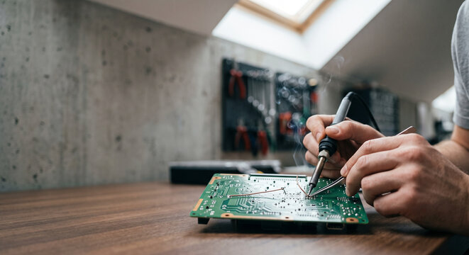 Close-up mockup of engineer hands soldering circuit board in workshop with concrete wall copy space.