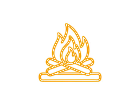 Orange campfire line art with burning flames and crossed logs on white background. Minimal outdoor fire icon creates a clean camping symbol. Vector illustration for adventure, nature, travel and outdo