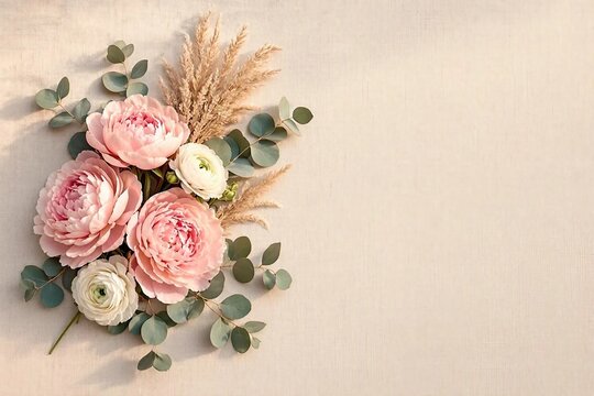 Bouquet of beautiful autumn flowers top view. Thanksgiving, Halloween, Harvest Festival. Flat lay. Background with copy space. Banner. Birthday, Wedding, Grandparents' Day, Veterans Day