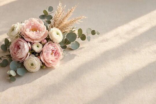 Bouquet of beautiful autumn flowers top view. Thanksgiving, Halloween, Harvest Festival. Flat lay. Background with copy space. Banner. Birthday, Wedding, Grandparents' Day, Veterans Day