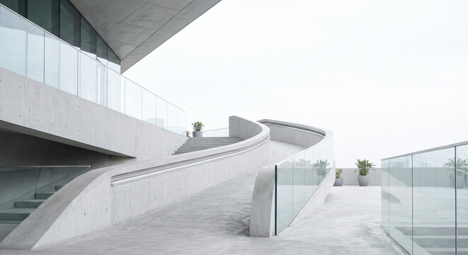 Minimalist concrete architecture mockup featuring curved ramp, glass railing, and massive white sky copy space.