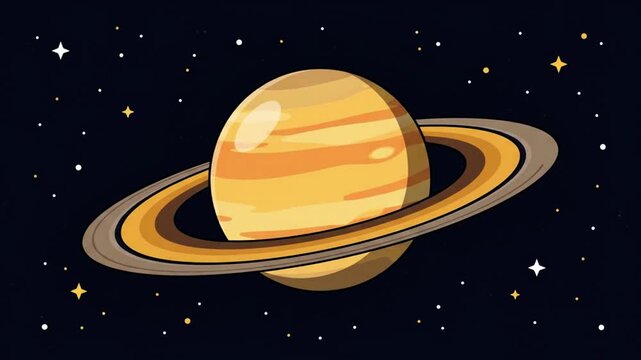 Cartoon illustration of planet Saturn Rotaton with its rings in dark outer space with stars