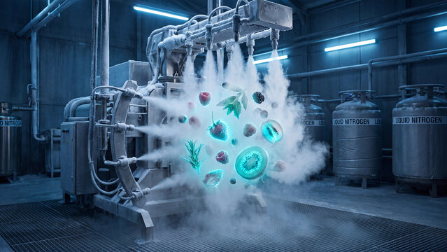 Industrial cryogenic freezing machine sprays cold mist over floating organic berries and plant samples.