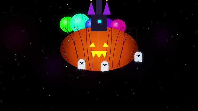 Spooky Sci-Fi Dark Fantasy Halloween Backdrop with Chrome Frankenstein Mask, Crimson Butterflies, Jack-o'-Lanterns, and Bats VJ Loop