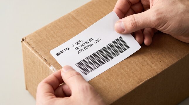 Close up of hands applying a white adhesive shipping label with barcode and generic address to a brown cardboard box for e-commerce delivery and logistics shipment.