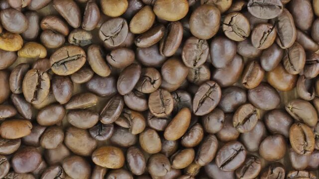 Closeup video of roasted coffee beans covering the full frame with subtle motion, showing rich brown tones, glossy surfaces, and detailed texture for a food background