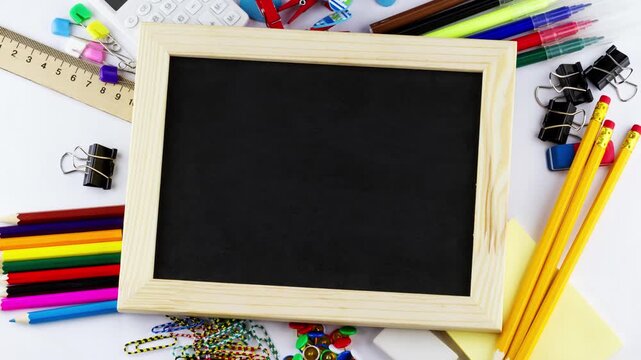 Top view of a small blank blackboard in a wooden frame surrounded by pencils, pens, clips, ruler and assorted school stationery as the camera reveals the full layout