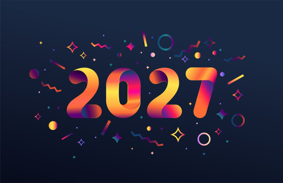 Bright greeting card for New Year 2027.Modern design banner,poster with 3d gradient numbers and geometric shapes around them.Great for web,flyers,greetings,cover,calendar,print, congratulations.Vector