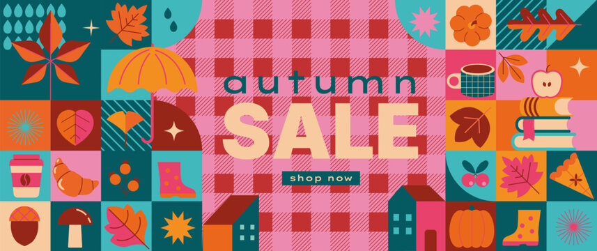 Autumn sale geometric poster. Horizontal discount banner with fall symbols- pumpkin, umbrella, coffee, pie and pink plaid blanket. Design for print, web, promo, flyers, posters, ad,sales. Vector.