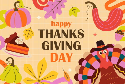 Happy thanksgiving day greeting card, poster. Bright banner with hand drawn pumpkins, turkey, cake and autumn leaves. Design for greetings, invitations, posters, print, web, sales. Vector illustration