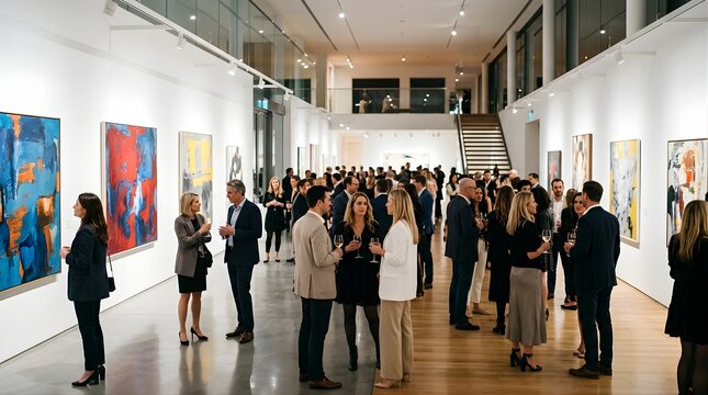 Elegant people networking at an art gallery exhibition evening event