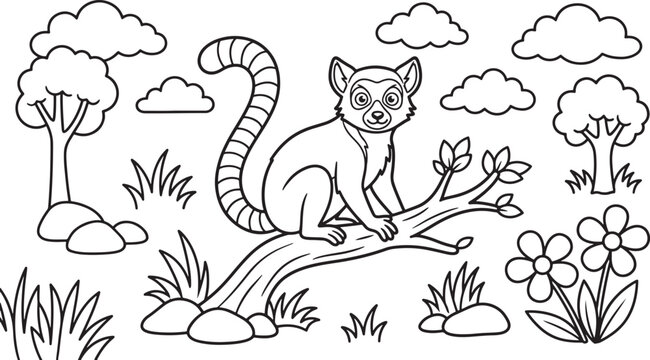 Black and white coloring page featuring a cute lemur with a striped tail sitting on a tree branch, surrounded by clouds, trees, flowers, and grass in a simple cartoon style also transparent background