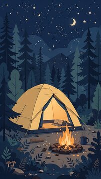 Cozy camping scene at night with lit tent and campfire under a starry sky vector illustration