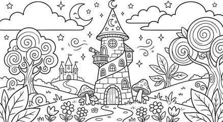 Obraz premium Fantasy coloring page featuring a whimsical stone tower with a telescope, a distant castle, swirling trees, mushrooms, and a smiling crescent moon in a starry night sky also transparent background