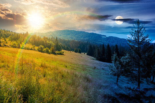countryside mountain landscape in summer. day meet night. sun and moon over view of Borzhava mountain ridge behind the green pasture at twilight. field near coniferous forest. astrology wallpaper