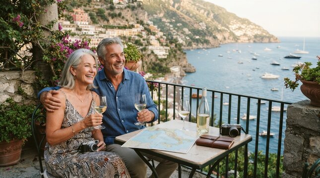 Senior couple enjoying wine on coastal terrace with view