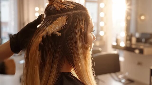 A professional stylist applies hair dye to a young caucasian woman sitting in a bright modern salon chair.