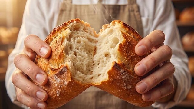 Close-up of hands tearing apart a fresh crusty bread loaf with visible steam rising from the soft interior. Artisan bakery, homemade bread, freshness and food preparation concept in slow motion.