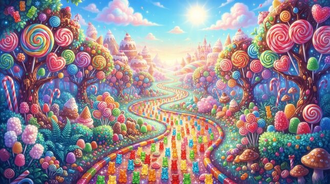 Colorful candy landscape with gummy bear road under bright sun