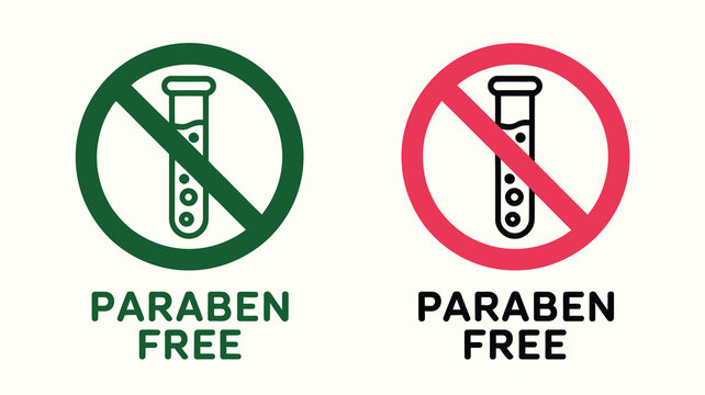 Paraben free test tube line icon set, forbidden paraben food symbols, clean ingredient labels, safety signs and eco friendly product certification concepts