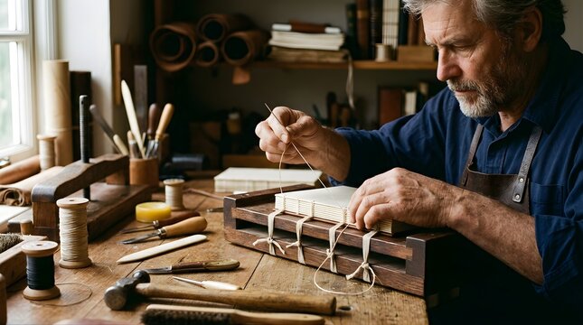 Professional bookbinder stitching pages in a traditional craft workshop