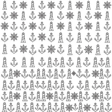 Light gray nautical seamless pattern with anchors and marine icons