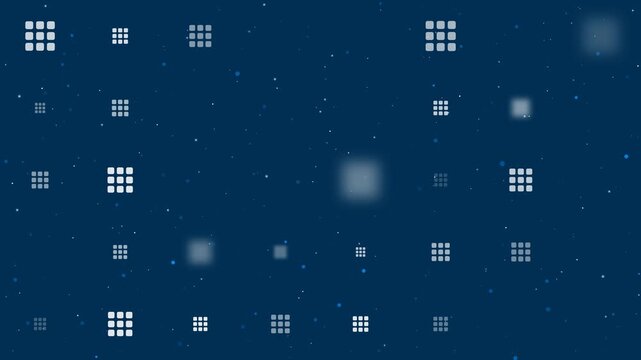 Template animation of evenly spaced grid symbols of different sizes and opacity. Animation of transparency and size. Seamless looped 4k animation on dark blue background with stars