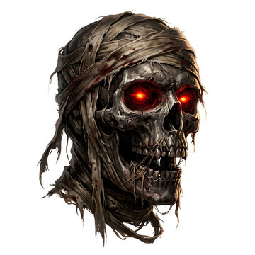Sinister mummy skull with glowing red eyes and tattered wrappings isolated on white background mummy head vector illustration