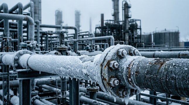Frozen industrial pipes in a cold environment with machinery in the background