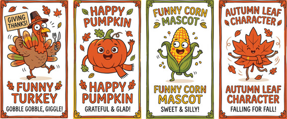 Fototapeta premium Set of autumn harvest themed vertical cards featuring cartoon turkey pumpkin corn and maple leaf characters with holiday greetings
