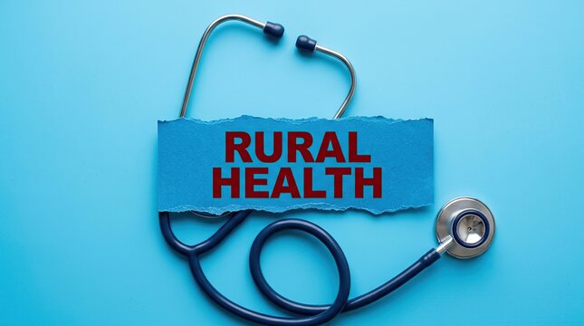 Stethoscope and rural health message on blue background for health awareness