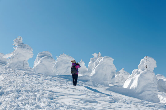 A tourist in the forest of giant Juhyo ( ice trees or snow monsters) on the snowy mountainside under blue clear sky in Zao hot spring ( onsen ) & ski resort on a sunny winter day, in Yamagata, Japan