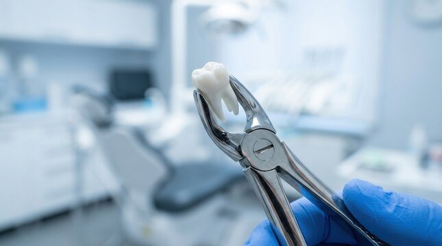 Dentist holding extracted tooth with dental tools in modern clinic setting