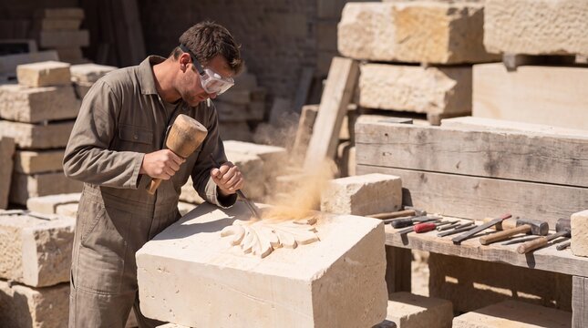 Stone Mason Chiseling a Decorative Leaf Relief into Limestone