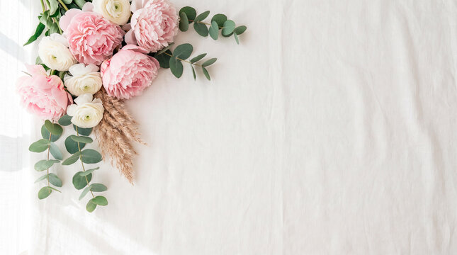 Beautiful autumn flowers taxt view. with eucalyptus sprigs with 3 fully bloomed blush pink peonies with ruffled layered petals and empty copy space for text overlay, minimal commercial background