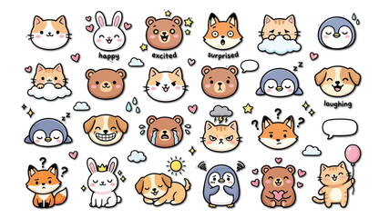 Obraz premium Cute animal stickers vector set with kawaii cats, dogs, bears, foxes, and penguins in various expressions and emotions isolated on white background