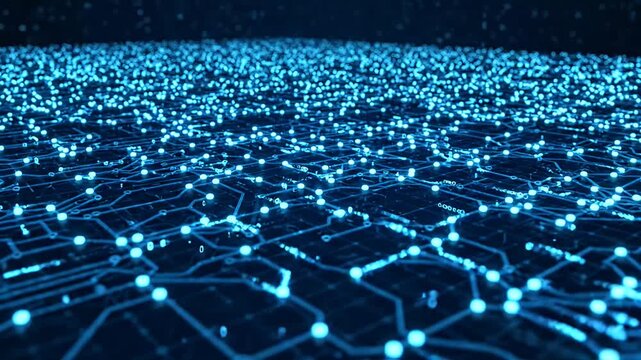 Blue glowing circuit board network connectivity grid.