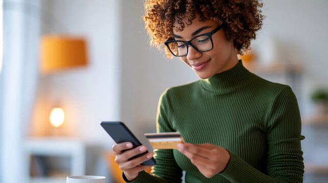 Black woman checking a banking application while holding a payment card in a bright apartment, personal finance, mobile banking, digital transactions, consumer confidence,
