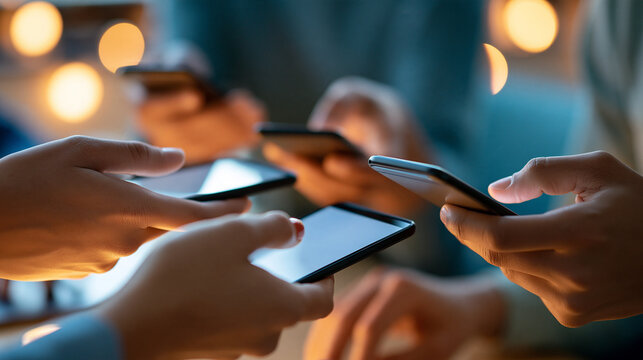 Close-up of multiple hands using smartphones for a shared digital payment, peer-to-peer finance, group expenses, mobile wallets, cashless society, fintech innovation, social