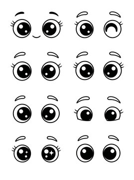 Sheet of cute cartoon eyes with varied expressions in line art style facial expressions vector illustration character design
